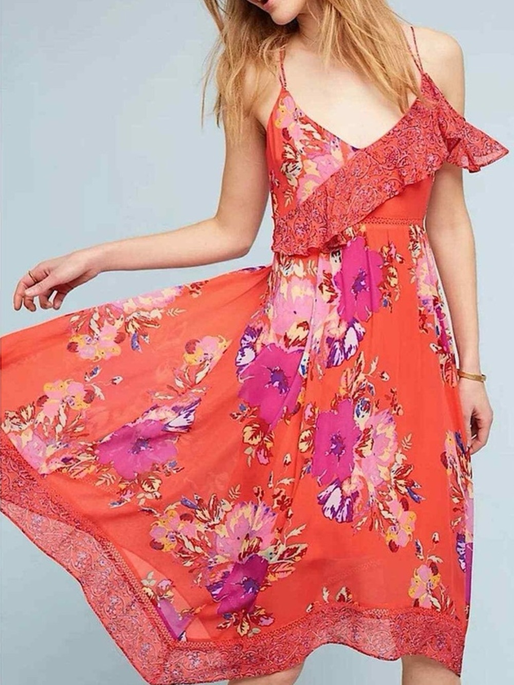 Anthropologie Size 6 Maeve Orange Floral Ruffled Asymmetrical Grecia Midi Dress
